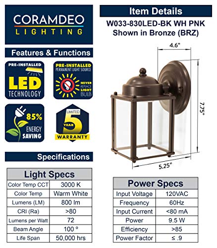 Coramdeo Outdoor Led Square Coach Light For Porch, Patio, Deck, Barn, Wet Location, Built In Led Gives 75W Of Light From 9.5W Of Power, 800 Lumens, 3K, Durable Nickel Finish & Clear Glass #TOP4