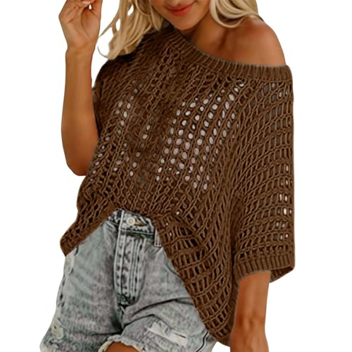 Womens Crochet Hollow Out Tops Summer Scoop Neck Short Sleeve Sweater Casual Cold Shoulder Loose Fit Knit Coverups