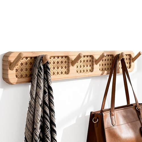 Shamgzuu Coat Rack Wall Mount, Rattan Coat Hooks Hanger Wall Mounted, 6 Heavy Duty Bamboo Hooks Rack Rail for Hanging Clothes Hats Bags Robes Towels Plants, White (Natural)