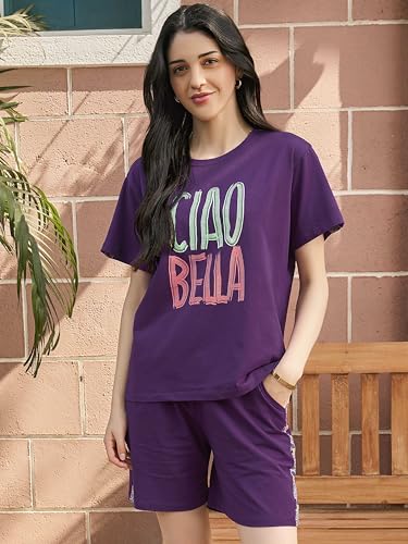 Image of ZEYO Night Suit for Women's Typography Printed Cotton Night Dress of Top and Shorts