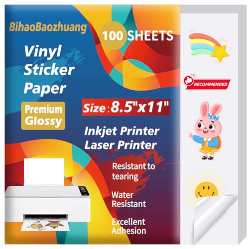 100 Sheets Premium Glossy Printable Vinyl Sticker Paper for Inkjet & Laser Printer - White Waterproof, Dries Quickly Vivid Colors, Holds Ink well- Tear Resistant