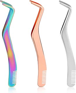 3pcs Lash Tweezers Set, Stainless Steel Upgraded 2 in 1 Lash Extension Tweezers with Comb Eyelash Applicator for Volume Isolation Classic Lashes False Lashes (Rose Gold, Silver, Colorful)