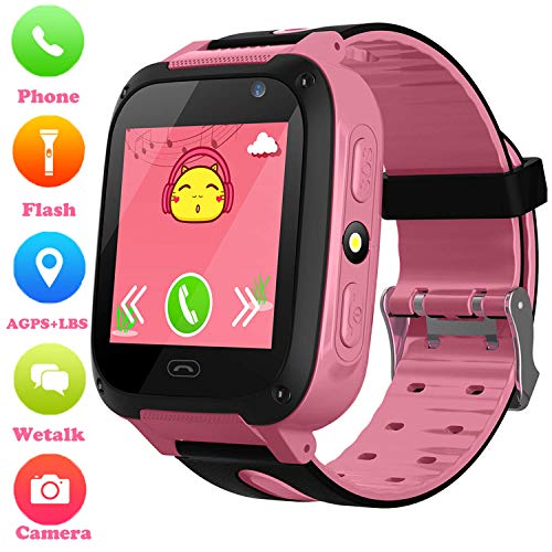 Niños Smartwatch Phone - Reloj de Pulsera Inteligente con Localizador LBS Chat de Voz SOS Cámara Linterna Despertador Juegos Reloj Digital Mejor Regalo Niños Niña Compatibles con iOS Android,Rosa