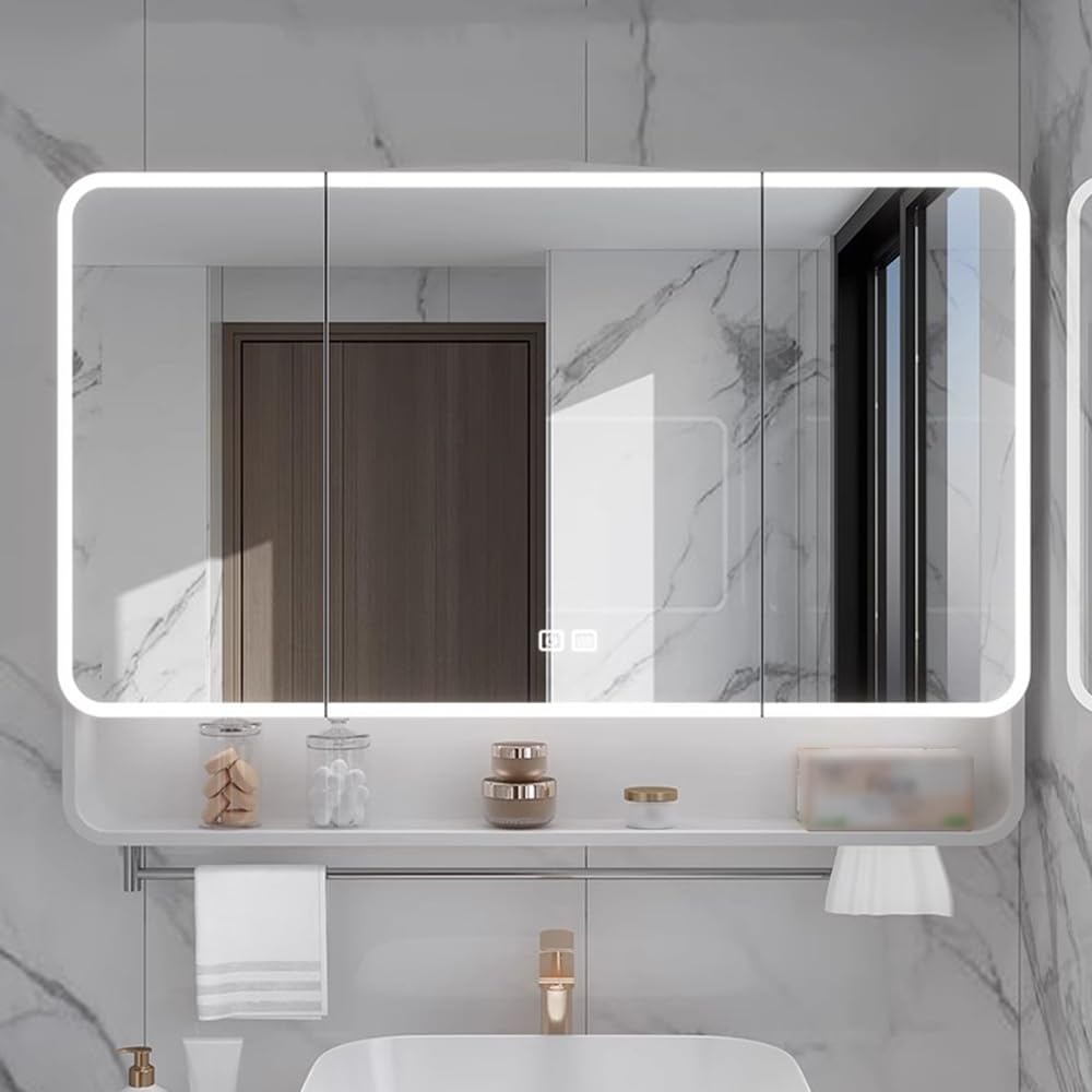 Armadietto a specchio da bagno a 3 ripiani con luce LED e barra portasciugamani, portaoggetti da parete in alluminio per cosmetici e pannolini, ideale per trucco e rasatura