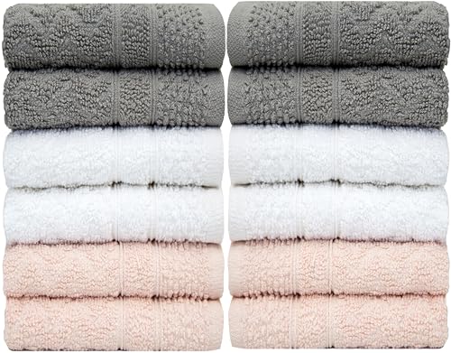 Image of Pleasant Home Chevron Wash Cloths Set - 12 Pack (12 inch x 12 inch) - 509 GSM - 100% Ring Spun Cotton Wash Cloth - Super Soft and Highly Absorbent Face Towels (Light Grey, White & Pink)