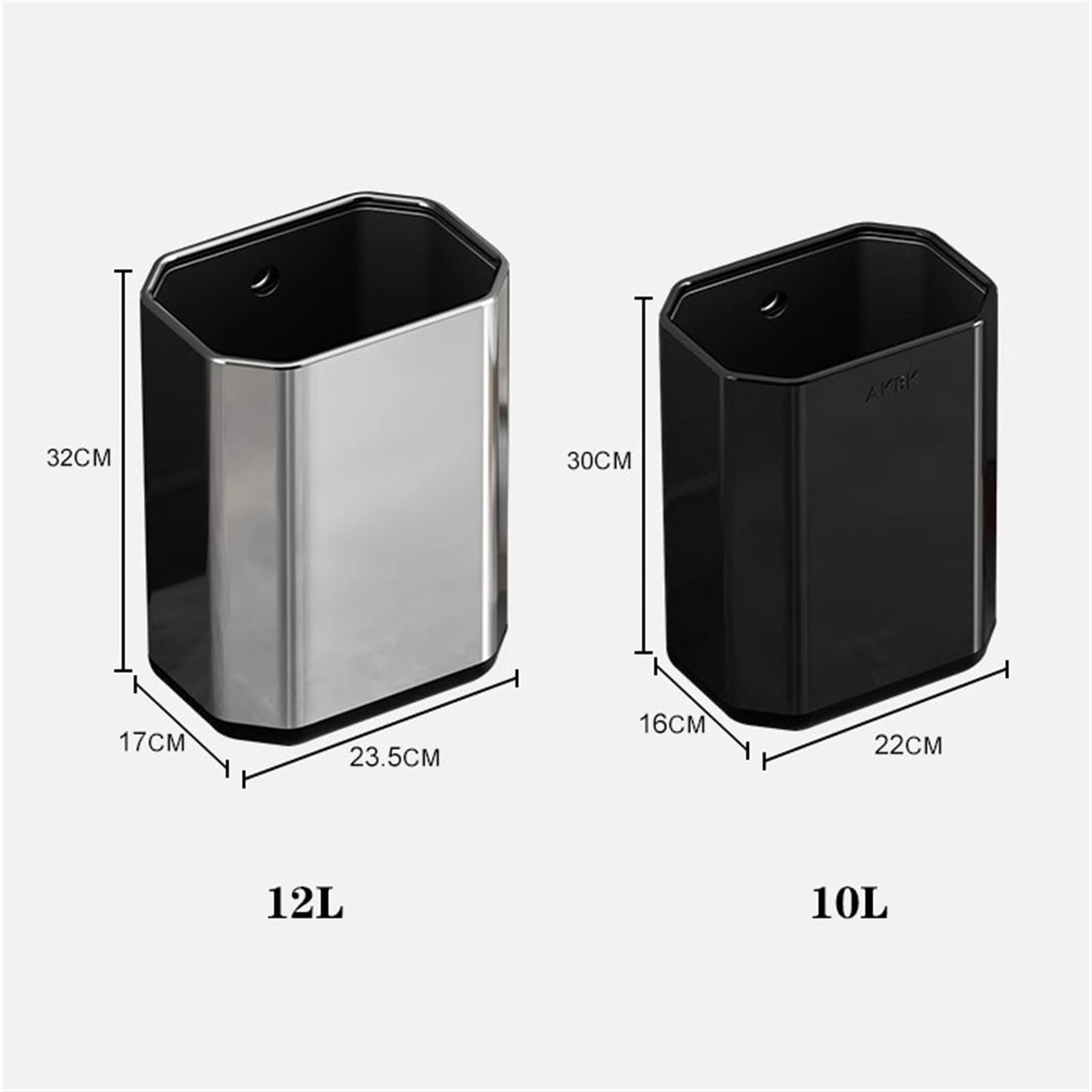 Poubelle 10/12 litres, octogonale, en métal, avec insert intérieur, étroite, en acier inoxydable brossé, pour salle de bain, cuisine, bureau (noir, 10 l)