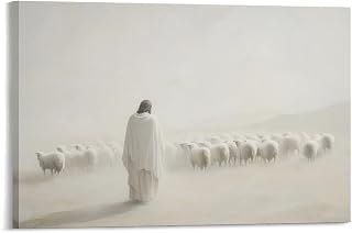Jesus Sheep in The Misty Desert Wall Art Poster Trendy Canvas Print Modern Painting Aesthetic Picture for Living Room Farmhouse Decor 12x18inch(30x45cm) Frame