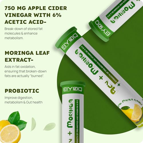Image of ACV + Moringa Effervescent Tablets With Probiotics, Vitamin B6 & B12 Lemon Masala Flavor Digestion, Detox & Energy Support 15 Tablets Tube (Pack of-2)