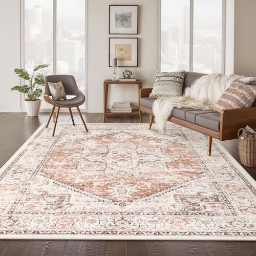 LIVEBOX 8x10 Area Rug for Living Room, Washable Orange Boho