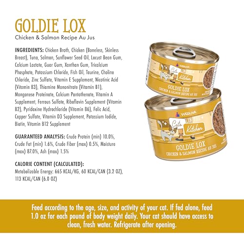 Image of Weruva Cats in The Kitchen, Goldie Lox with Chicken & Salmon Au Jus Cat Food, 3.2oz Can (Pack of 24)