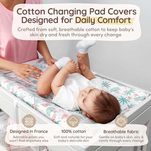 Image of Baby Changing Pad Covers Table Sheet 32 inchx16 inch, 8 inchDeep Pocket - Diaper Changing Pad Cover, 100% Cotton Jungle Leaves & Flamingo Sheets 2 Pack, Flamingo Baby Sheets, Designed in France, White-Coral Pink