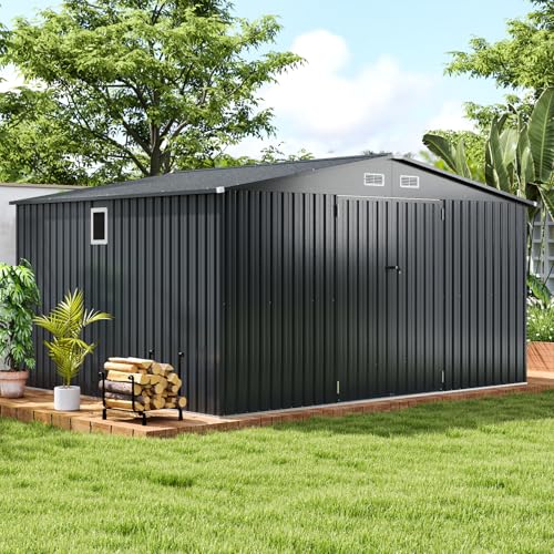 Goplus 12 x 9.8 FT Outdoor Storage Shed, All-Weather & Rustproof Galvanized Metal Utility Tool Shed w/Lockable Door, Pitched Roof, Windows, Backyard Lawn Garden Storage House for Bike Tool Lawnmow...