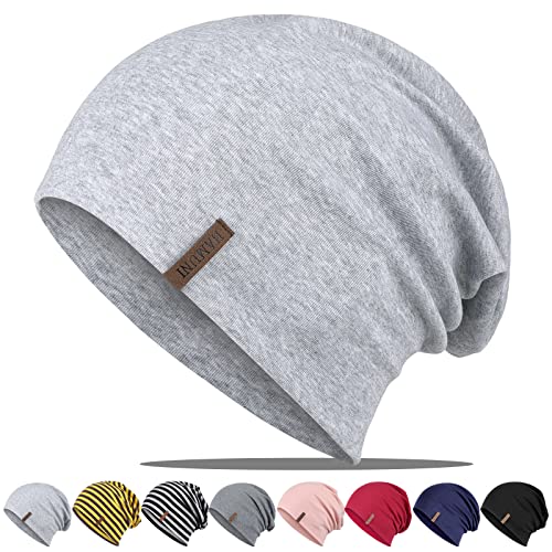 HAMUNI Bonnet souple, bonnet en coton doux, bonnet en jersey léger, chapeau d'hiver fin pour homme, chapeau chimio pour femme, chapeau souple respirant pour saisons, gris, gris, taille unique Cover