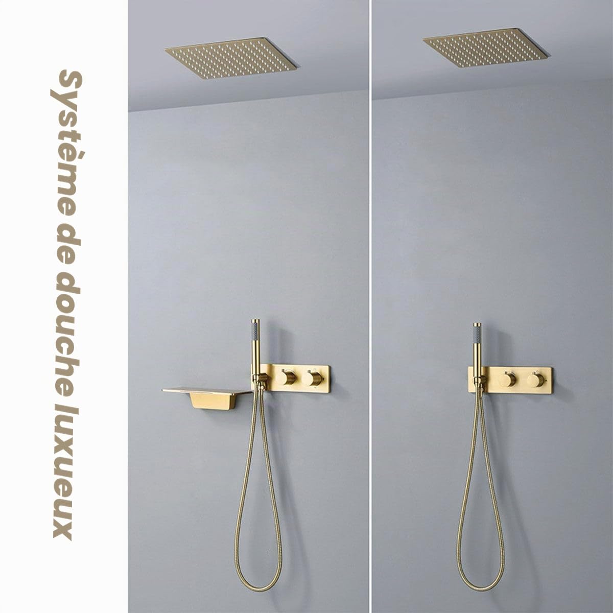 Colonne de Douche Thermostatique Dorée, Moderne 16inch / 400mm Pluie Ensemble de Douche Encastré, Système de Douche Encastré Pose au Plafond, Douchette, 59A Laiton (Or Brossé)