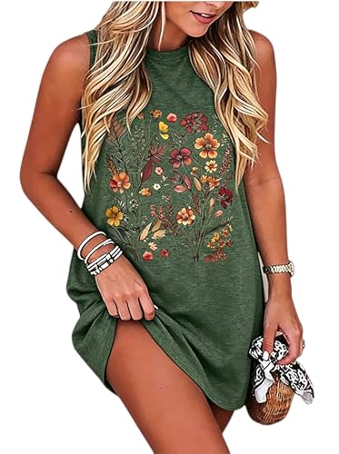 Image of Sun Salt Sand Coconut Tree Tank Mini Dress for Women Sleeveless Beach Praty Shirts Summer Vacation Short Mini Dresses