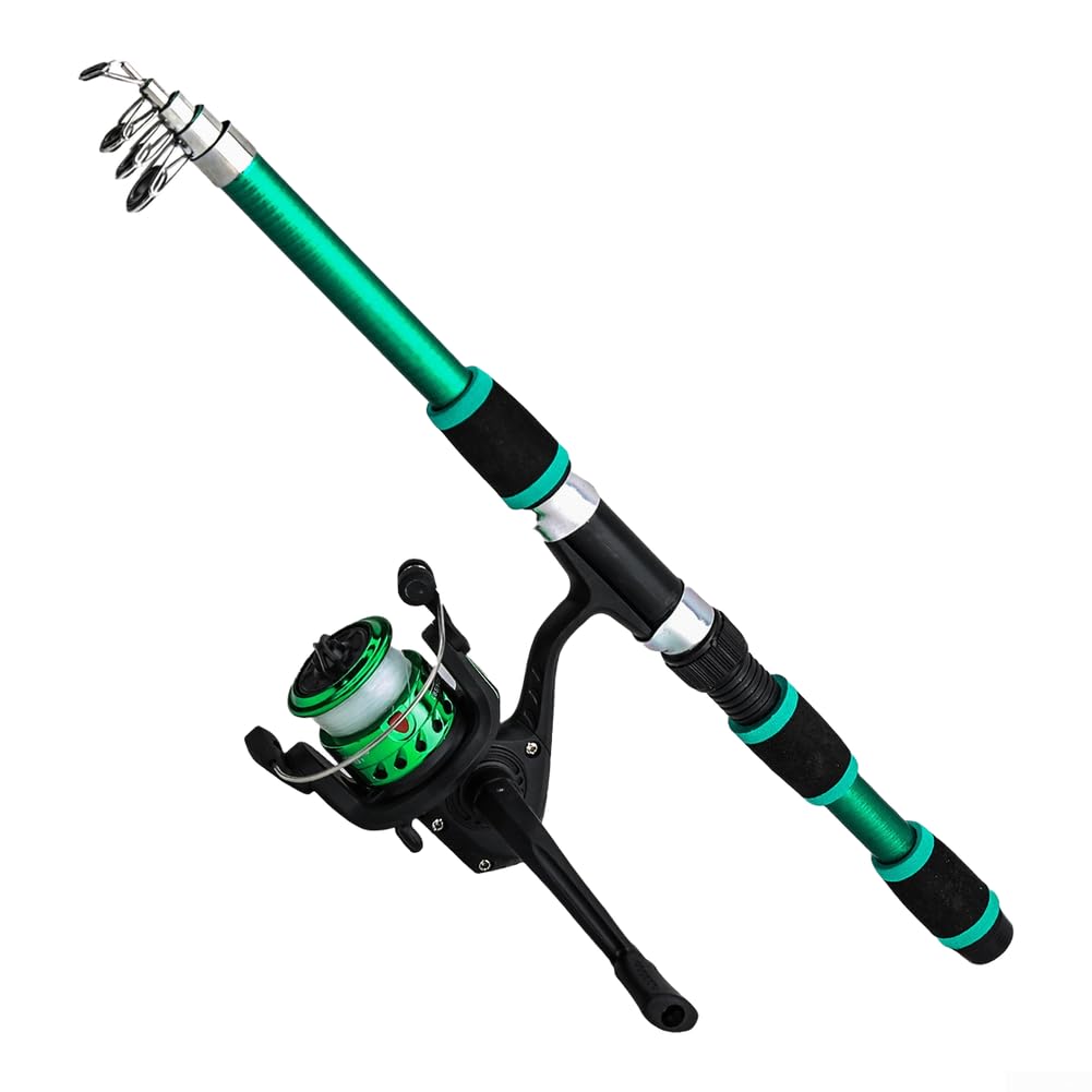 Fishing Rod and Reel for combo Telescopic 1.8m Travel Spin Kit Fiberglass Pole with Smooth Bearings for Coarse Sea(1.8m Green)