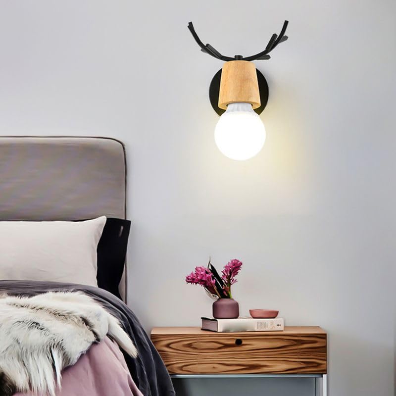 Image of LITFAD Minimalist Wall Sconce Deer Horn Shape Wall Light Modern Wall Mounted Lamps Single Light Exposed Bulb Design Wall Lighting Fixtures for for Hallway, Bedroom, Living Room, Bathroom,Black-Wood
