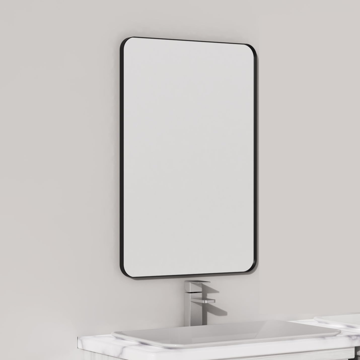 VocalStar Black Metal Framed Bathroom Mirror for Wall, 16 x 24 Inch Rounded Rectangle Matte Black Bathroom Vanity Mirror Farmhouse, 1/4-inch Shatterproof Glass | Ultra-Flush Hanging Black 24"L x 16"W