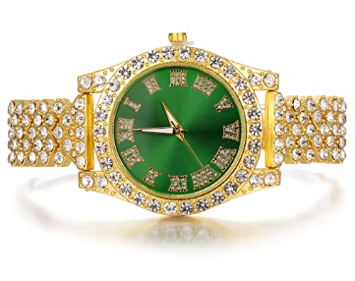 Image of Halukakah Diamonds Gold Watch Iced Out, Kid's 18K Real Gold /Platinum White Gold Plated 36MM Width Green /Blue /Red Dial Quartz Wristband 8 inch with Cuban Link Chain 7 inch+16 inch Bracelet, Free Giftbox