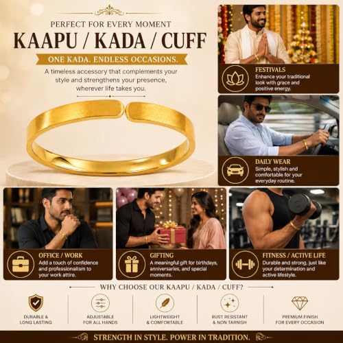 Image of ISHANA FASHIONS Pure Impon Panchalogam Plain Kada for Men | Premium Gold Look Traditional Cuff Bracelet | Durable, Stylish and Comfortable Metal Kada for Daily Wear, Office, Casual and Festive Occasions