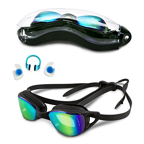 Dolfino Pro Silicone Stingray Swimming Goggles - Adjustable Strap - Goggles with Mirrored, Anti-Fog Lenses, Nose Plugs and Carry Case - Black