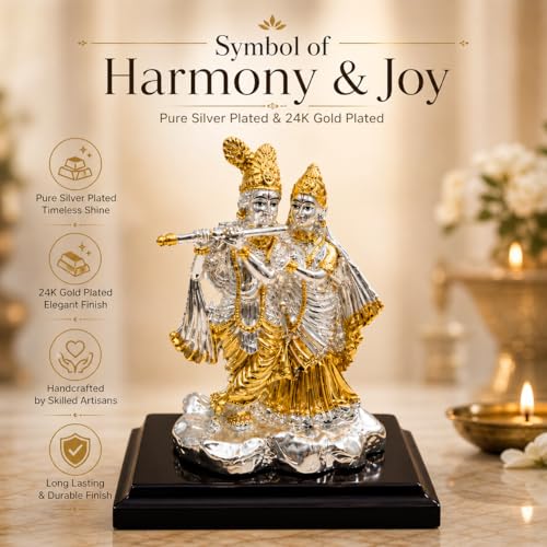 Image of Silver & 24K Gold Plated Radha Krishna Idol for Gift 3.7 Inch | Radhe Krishna Murti for Wedding Gift, for Couple, House Warming Gifts, Pooja Room Decor
