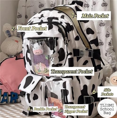 Image of Retro Animal Cow Spotted Theme Waterproof Canvas School Bag Stylish Multiple-Compartment Large Capacity Zipper Bag Lightweight Casual Daypack for Elementary, Middle & High School Students