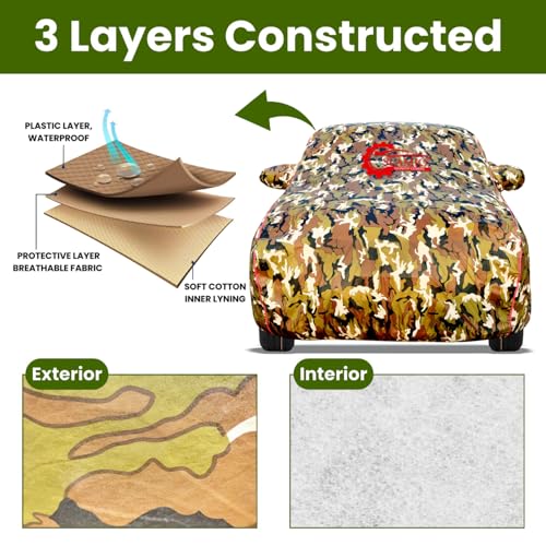 Image of Waterproof Car Body Cover for Range Rover Velar with Mirror Pocket, Soft Cotton Lining, Triple Stitched, Full Bottom Elastic (Heat Resistant Jungle Print with Red Piping)