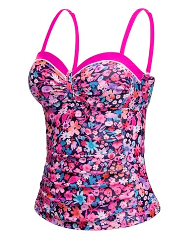 Image of Women's Underwire Tummy Control Swimsuit Top Push Up Bathing Suit Top | Unremovable Bra, Adjustable Straps, Full Lining, Shirred Bust, Side-Splicing Design, Criss-Cross Back