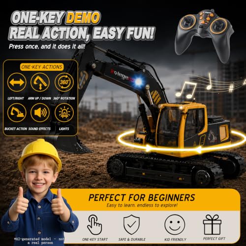 Image of kolegend 1:18 Scale RC Excavator Toy with Metal Shovel, 11 Channels Remote Control Construction Truck, Real Digging on Dirt & Sand 2 Rechargeable Batteries Gift for Boys Girls Kids 6-12 Years Old