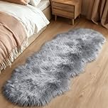 Fluffy Faux Sheepskin Rug - Faux Fur Rugs - 60x160cm Faux Sheepskin Throw Small Rugs, Washable Non Slip Soft Shaggy Area Rugs, Grey Fluffy Fur Rug for Bedroom Living Room Sofa Floor Decor (Grey)