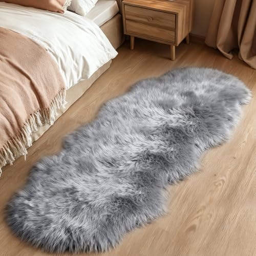 Fluffy Faux Sheepskin Rug - Faux Fur Rugs - 60x160cm Faux Sheepskin Throw Small Rugs, Washable Non Slip Soft Shaggy Area Rugs, Grey Fluffy Fur Rug for Bedroom Living Room Sofa Floor Decor (Grey)
