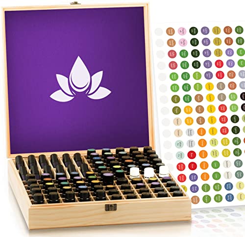 Essential Oil Wooden Box - Storage Case Protects 87 Bottles & Roller Balls. Large Organizer Includes Removable Foam Padding and EO Labels. Keep Your Oils Safe & Protected.