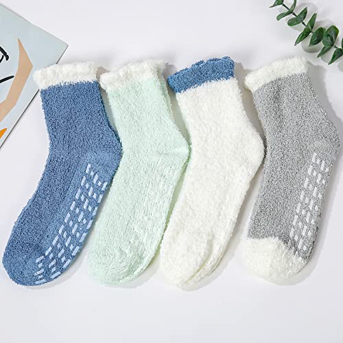 Zando Womens Fuzzy Socks Super Soft Slipper Socks Non Slip Winter Socks Warm Socks Grip Socks Sleeping Fleece Socks Indoor Cozy Socks Home Comfy Socks Fluffy Socks 4 Pack Candy Blue One Size #TOP3