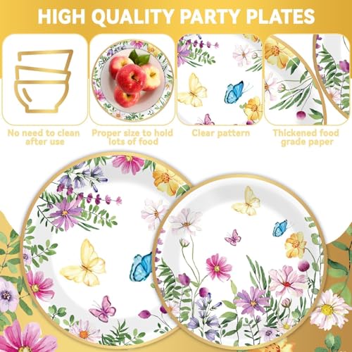 Image of 96 Pcs Wildflower Plates and Napkins Party Supplies for 24 Guests Spring Floral Tableware Plates Napkins Table Decorations Wildflower Dinnerware for Birthday Baby Shower Bridal Shower Garden Tea Party