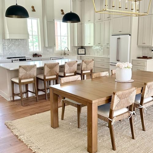 Image of Beacon Boho Dining Chair Set of 4, Boucle Dining Chair with Seagrass Accent and Solid Wood Legs, Cream Boucle /Light Brown