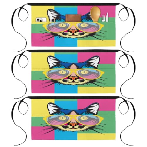 Tablier court de chef au design pop art chat multicolore haut de gamme