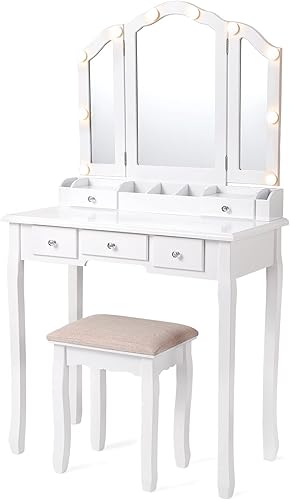 Miniatura 1 de Vanity Desk with Mirror and Lights Makeup Vanity with Lights and Tri-Folding Vanity Table with Light,White Vanity Makeup Desk with Drawers and Chair