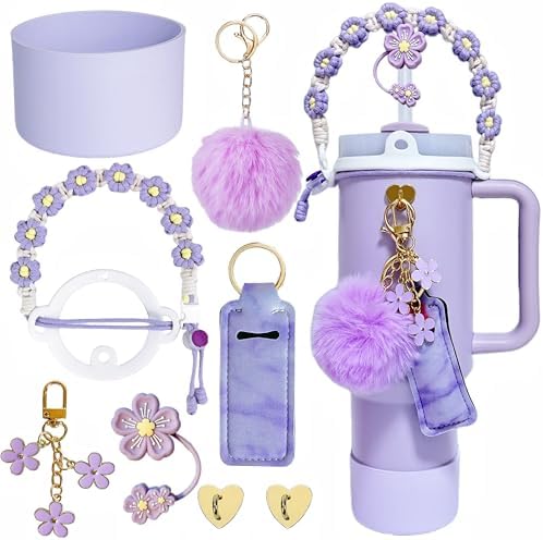 Accessories for Stanley Cup,1 Handle Boho Strap for Tumbler 40oz,1 Siliocne Water Bottle Boot,1 Straw Topper Cover,2 Charms Hooks,1 Lip Balm Holder Bag,1 Pompom Ball,1 Flower Charm(purple)