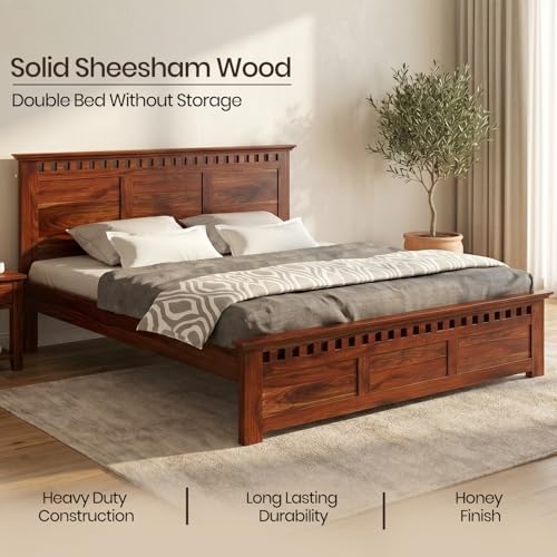 Image of WOODLAB Furniture Solid Sheesham Wood King Size Bed for Bedroom Without Storage Wooden Double Beds for Living Room Honey Finish Cot Bed Furniture