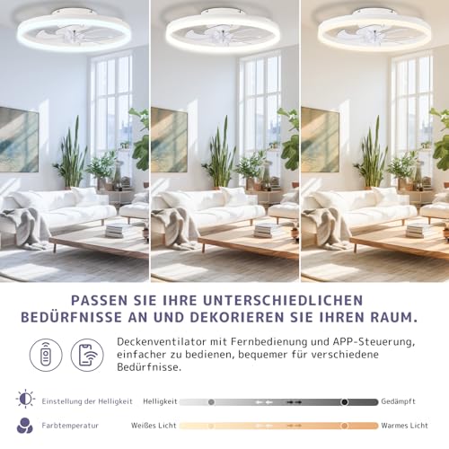 LES FLEURS Deckenventilator mit Beleuchtung, 50cm Smart-LED-Deckenleuchte mit Ventilator, Dimmbare Deckenventilatoren mit Beleuchtung Fernbedienung, für Wohnzimmer und Schlafzimmer (Weiße)