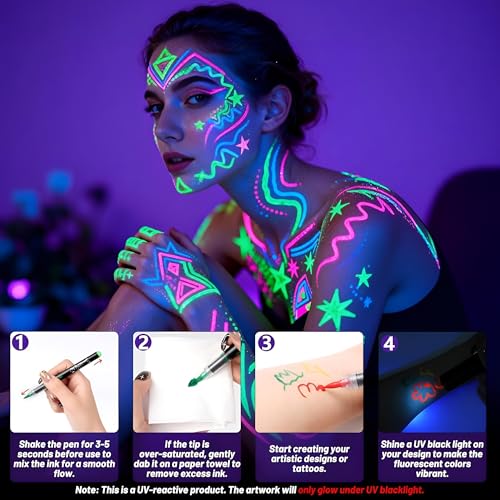Image of UV Face & Body Paint Pens - 8 Colors Neon Fluorescent Glow Markers, Skin Safe Blacklight Reactive Body Paint for Party, Festival, Halloween, Rave, Kids & Adults (Glows Under UV Light Only)