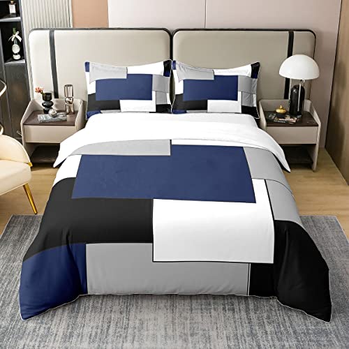 Homemissing Bleu Marine Géométrique 100% Coton Housse de Couette 140x200cm Moderne carré Parure de Lit Femmes Noir Gris Blanc Literie Set Géométrique Ensemble de...