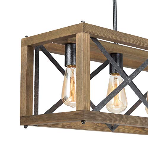Farmhouse Chandelier, 4-Light Dining Room Lighting Fixtures Hanging, 27.5" Rustic Rectangle Chandelier For Kitchen Island #TOP4
