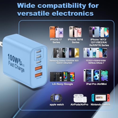 Image of USB C Charger Block, 2-Pack 100W 5-Port USB C Wall Charger iPhone Charger Fast Charging PD Power Adapter+QC Wall Plug Multiport Type C Brick Chargers for iPhone 17 16 15 14 13 Pro Max,Samsung,MacBook