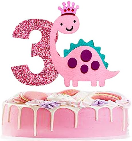 BEOXAGAR baby Girl Pink Dinosaur cake topper , Dinosaur 3rd Cake Topper,Dinosaur 3 Years Old Birthday Party Supplies.