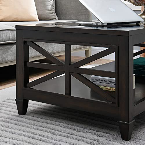 Solid Wood Coffee Table With Tempered Glass Top, Farmhouse Living Room Center Table With 2-Tire Storage Shelf, Traditional Cocktail Table, 45.5” X 26” X 19” Easy Assembly, Vintage Walnut Kfz1318Dc #TOP5