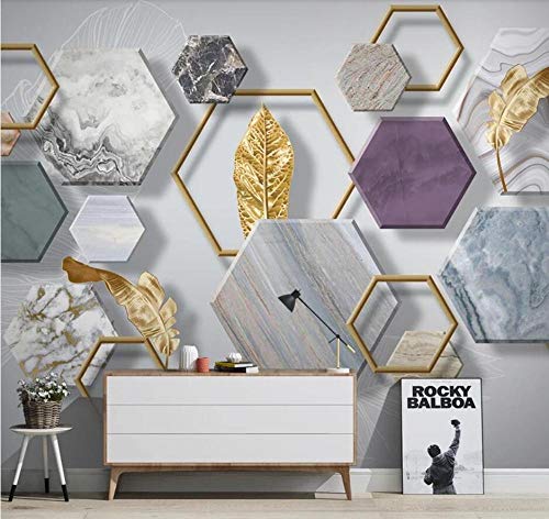 Papier peint 3D feuille d'or avec effet relief géométrique pour salon