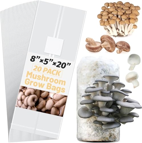 30pcs Extra Thick Mushroom Grow Bags, Large Size 8"x5"x20", 6 Milliliters Polypropylene, Safe, Durable for Cultivation, Substrates, and Grains