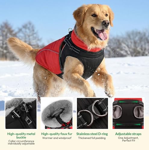 KONVINIT Warme Hundejacke Wasserdicht Hundemantel für Kleine und Mittelgroße Grosse Hunde Winter Hundemantel mit Geschirr Hund Wintermantel mit Reflexstreifen und Bauchschutz,Size L